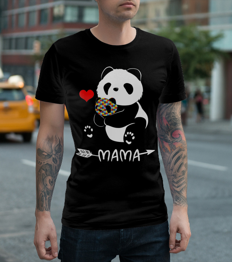 Mama Panda Bear Autism Awareness Heart Puzzle Support T-Shirt