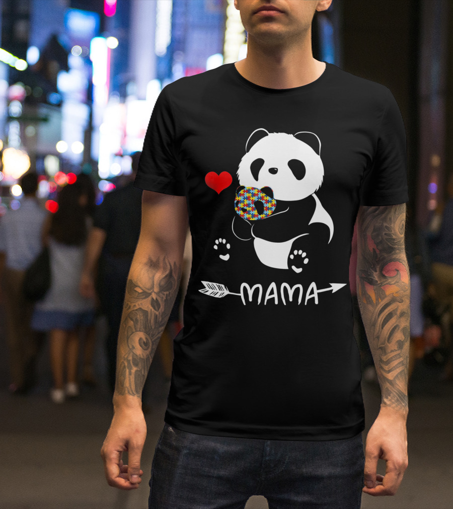 Mama Panda Bear Autism Awareness Heart Puzzle Support T-Shirt