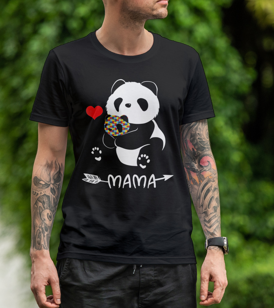 Mama Panda Bear Autism Awareness Heart Puzzle Support T-Shirt