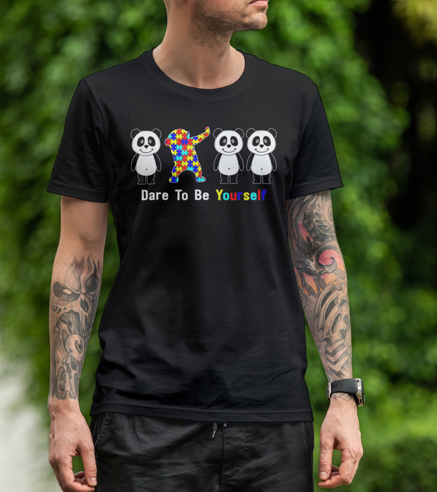 Dare To Be Yourself Autism Awareness Panda Puzzle Dabbing T-Shirt