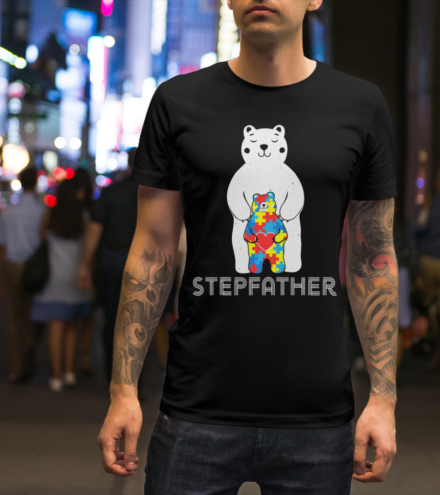 Stepfather Bear With Puzzle Pattern For Autism Awareness T-Shirt