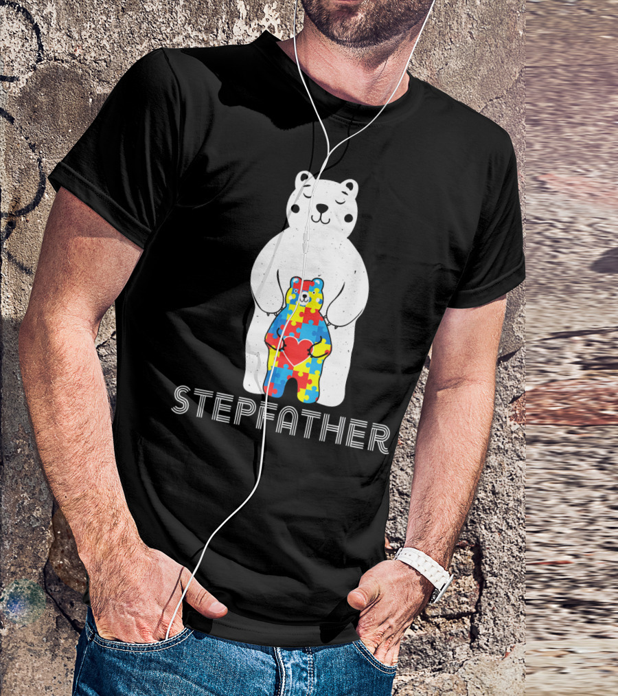 Stepfather Bear With Puzzle Pattern For Autism Awareness T-Shirt