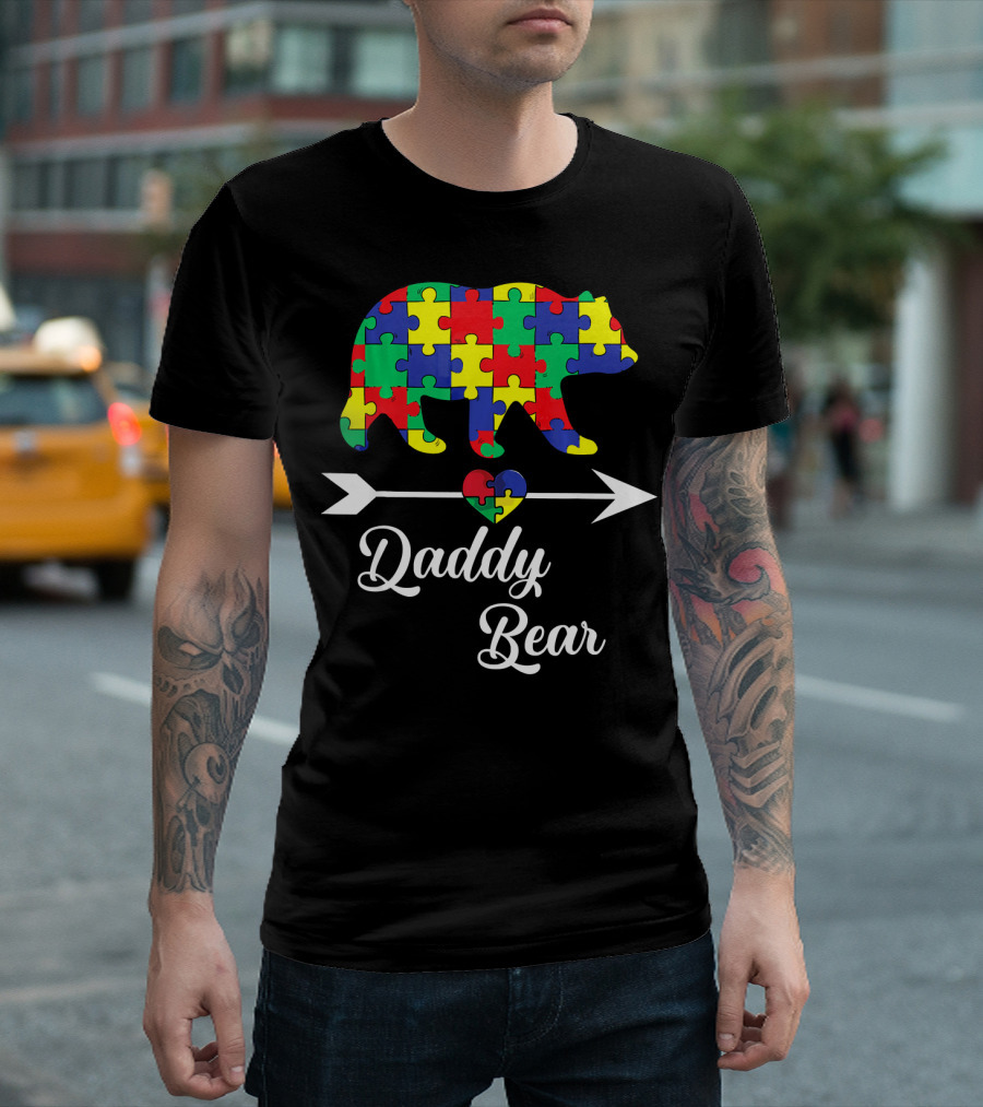 Daddy Bear Puzzle Heart Arrow Autism Awareness Dad T-Shirt