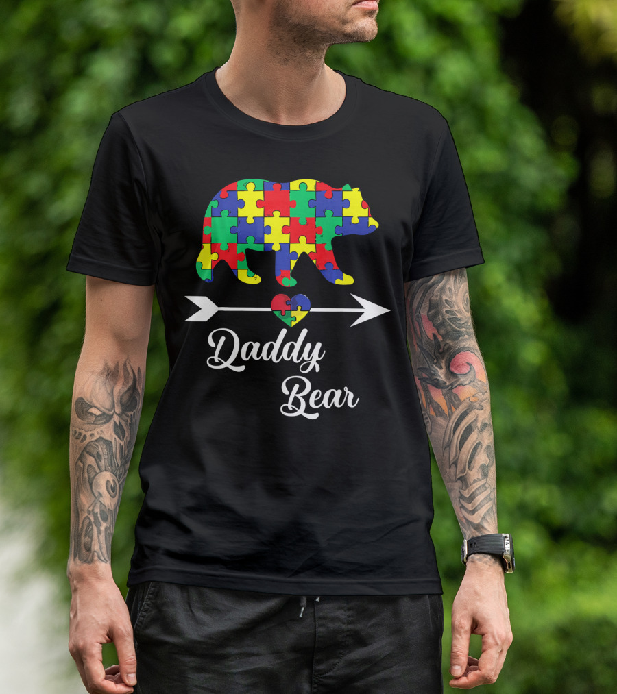 Daddy Bear Puzzle Heart Arrow Autism Awareness Dad T-Shirt