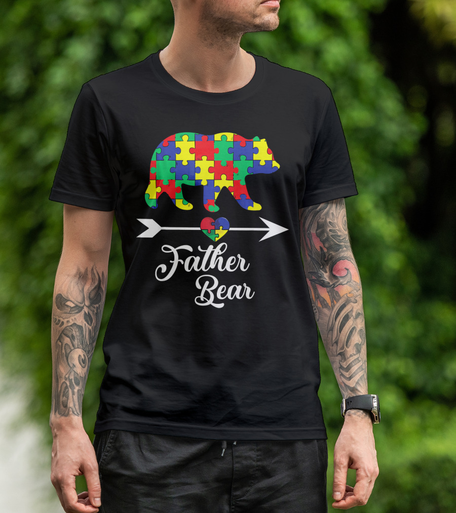 Father Bear Puzzle Autism Awareness Dad Arrow And Heart T-Shirt