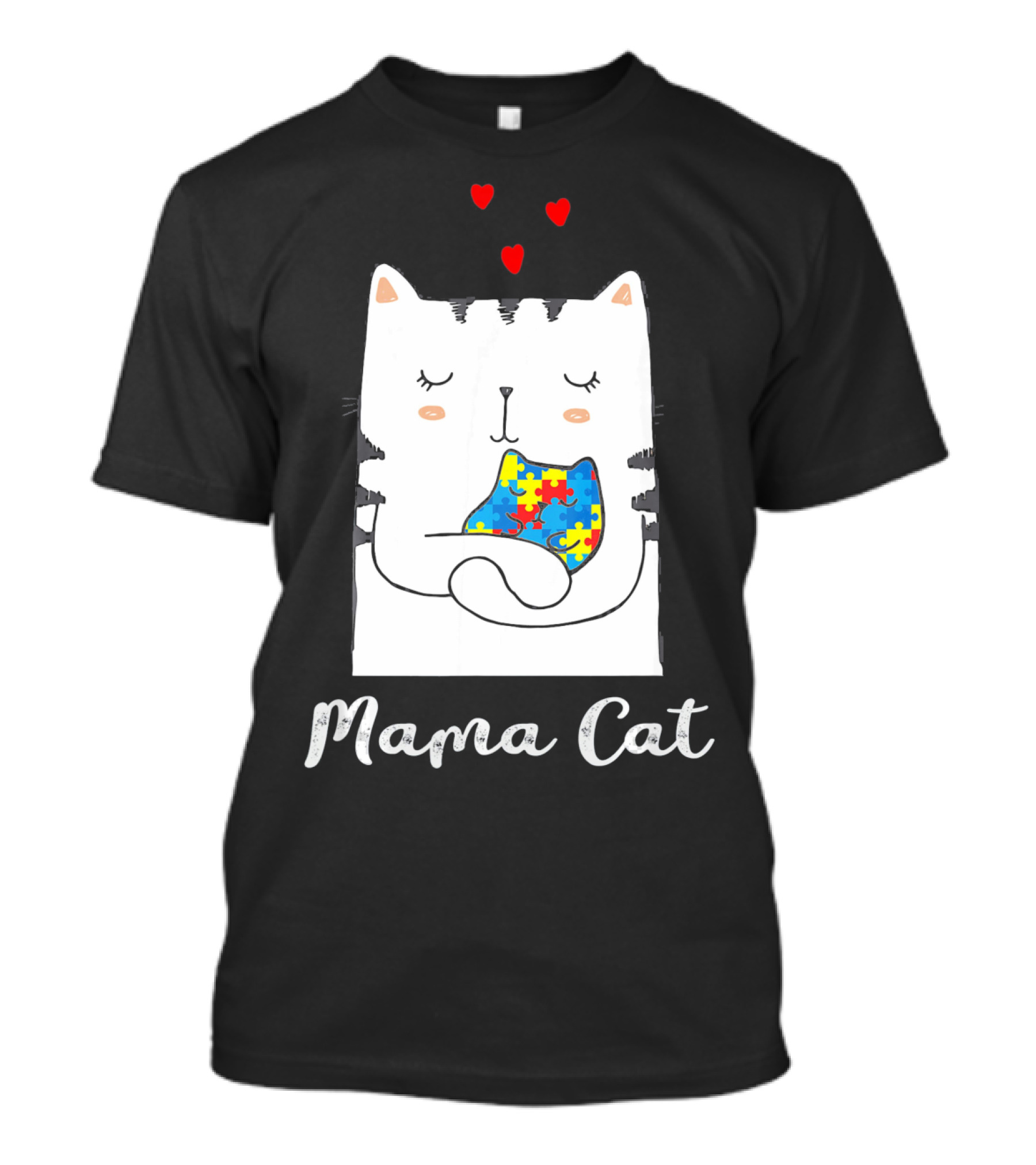 Proud Autism Awareness Mama Cat Hugging Puzzle Piece Hearts T-Shirt