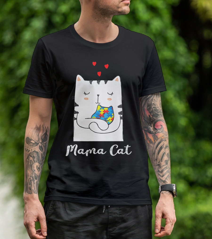 Proud Autism Awareness Mama Cat Hugging Puzzle Piece Hearts T-Shirt