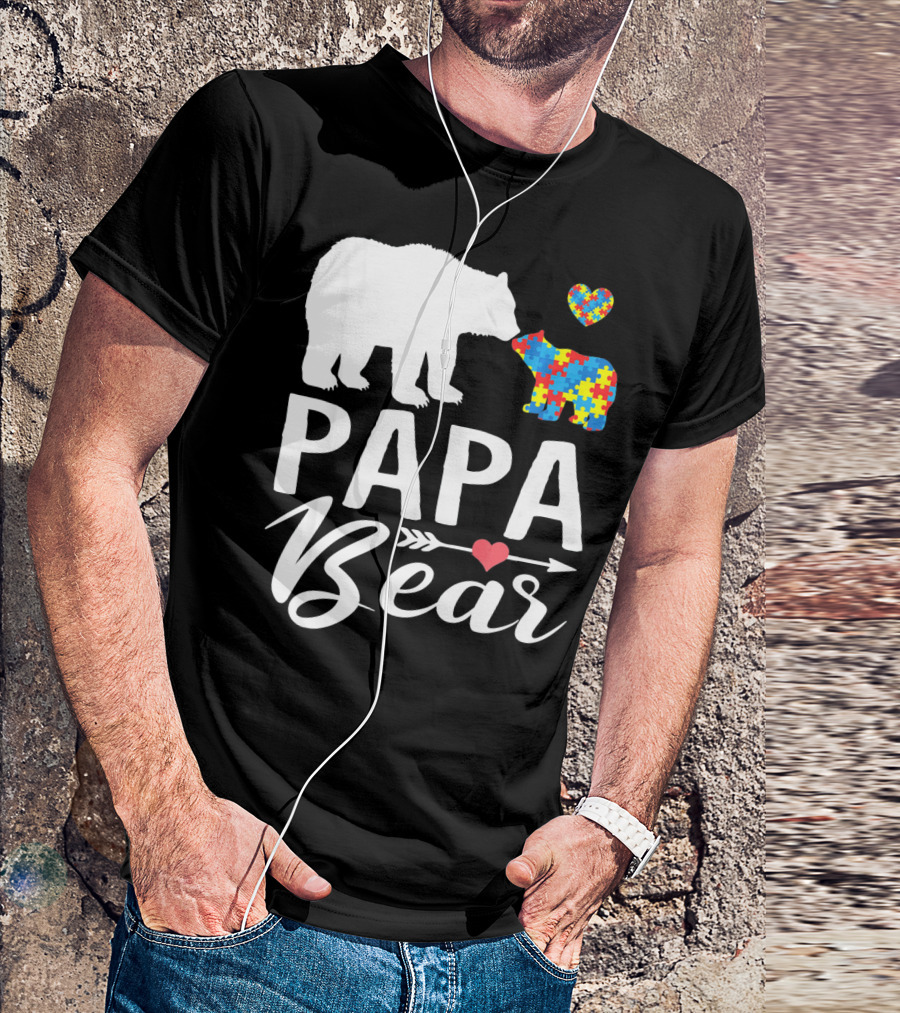 Papa Bear Autism Awareness Love Puzzle Heart Bear T-Shirt