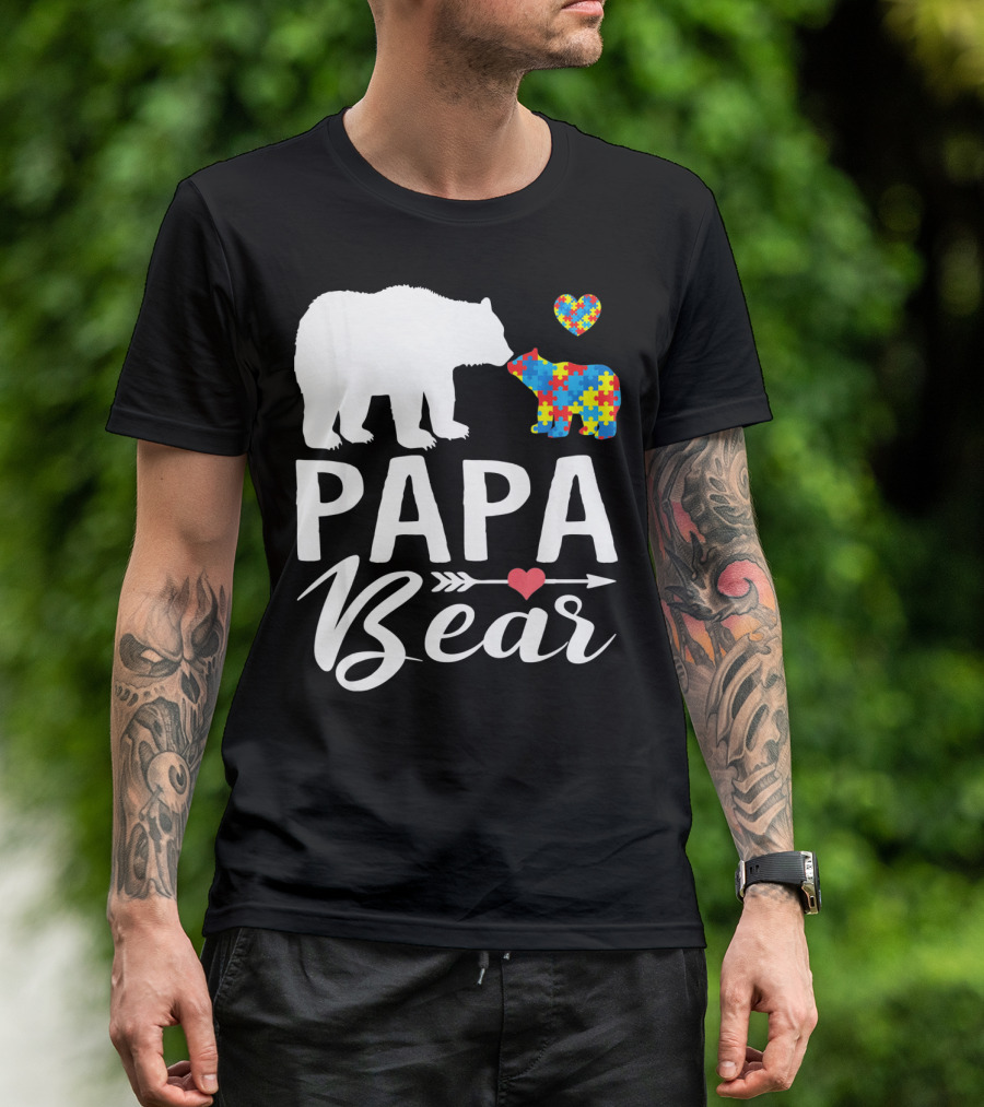 Papa Bear Autism Awareness Love Puzzle Heart Bear T-Shirt