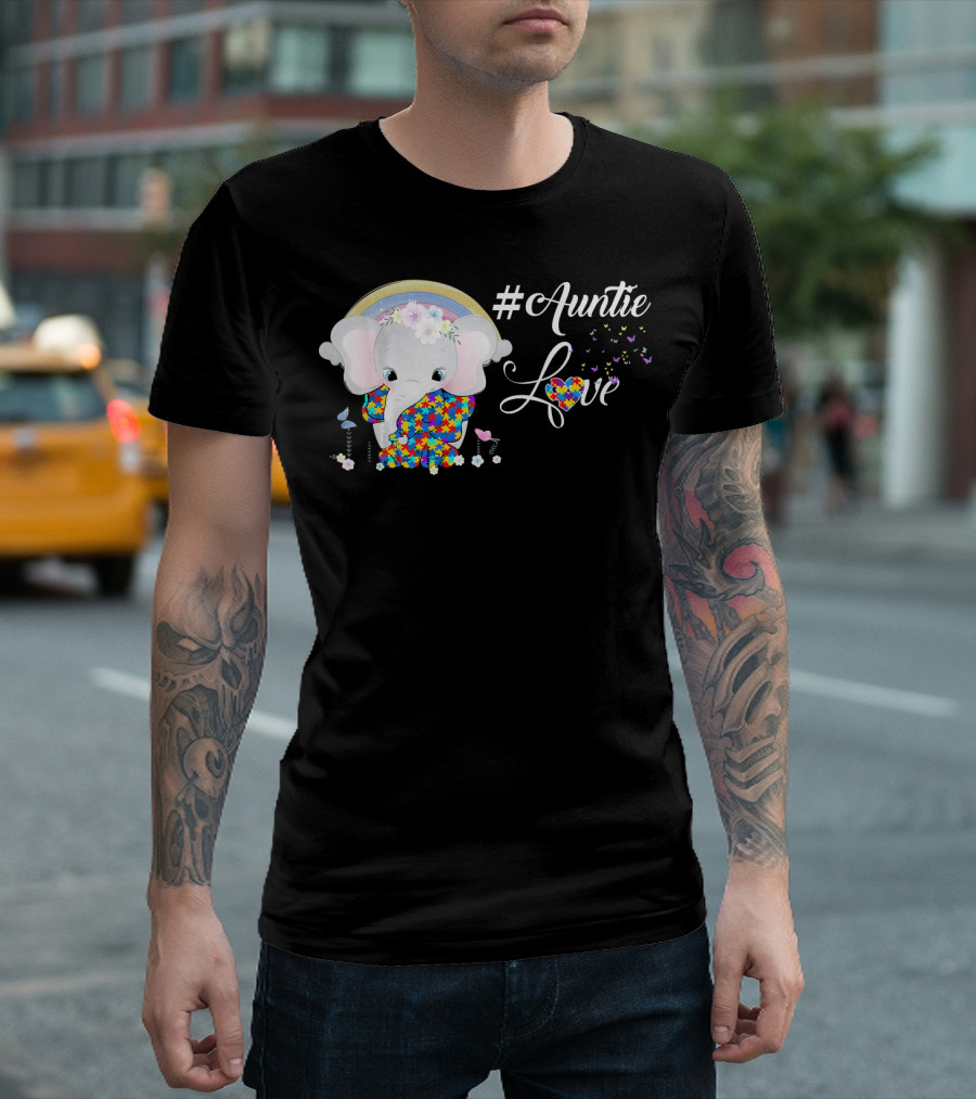 Auntie Love Autism Awareness Elephant with Colorful Puzzle Pattern and Rainbow T-Shirt