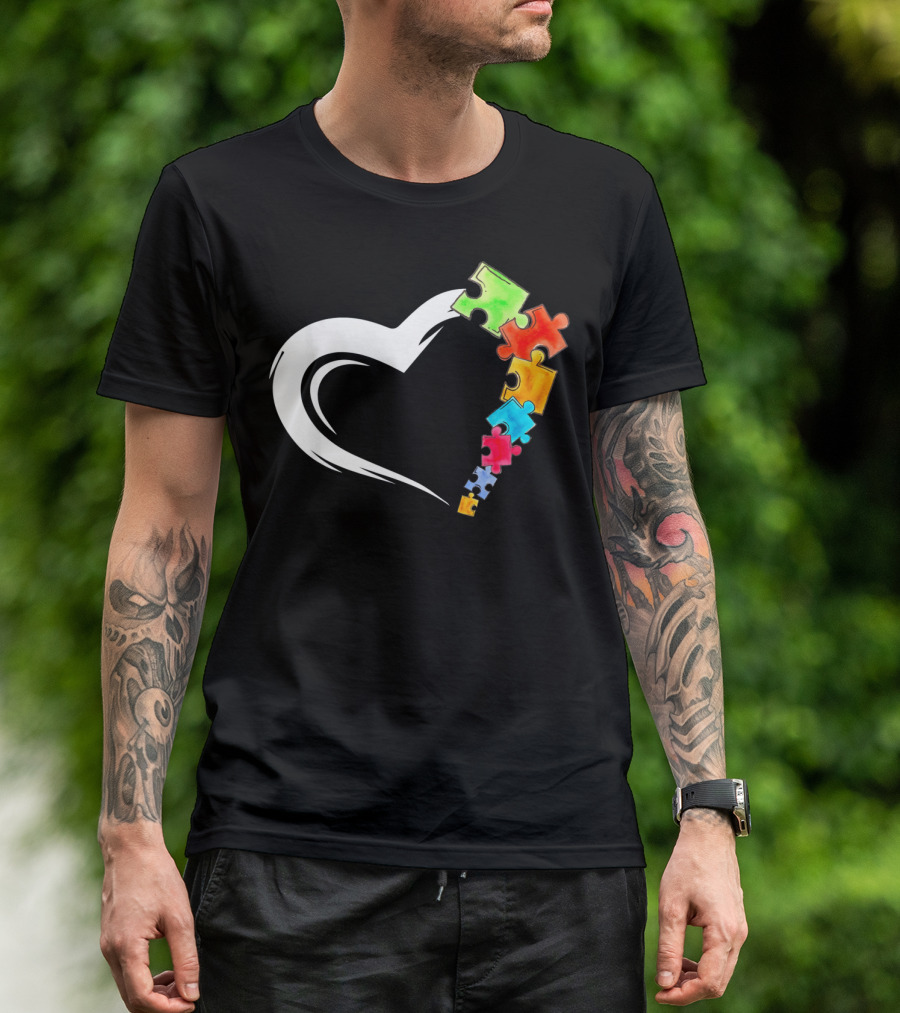 Autism Awareness Love Heart With Colorful Kind Puzzle Pieces T-Shirt