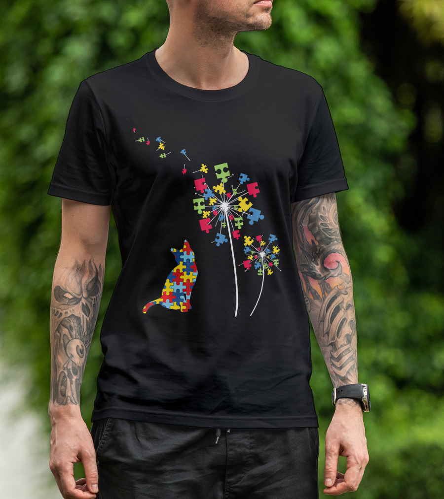 Colorful Puzzle Piece Cat And Dandelion Autism Awareness T-Shirt