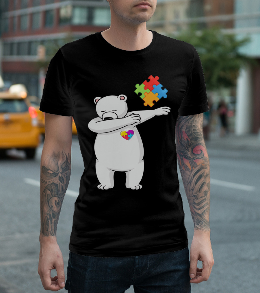 Dabbing Polar Bear Puzzle Piece Heart Autism Awareness T-Shirt