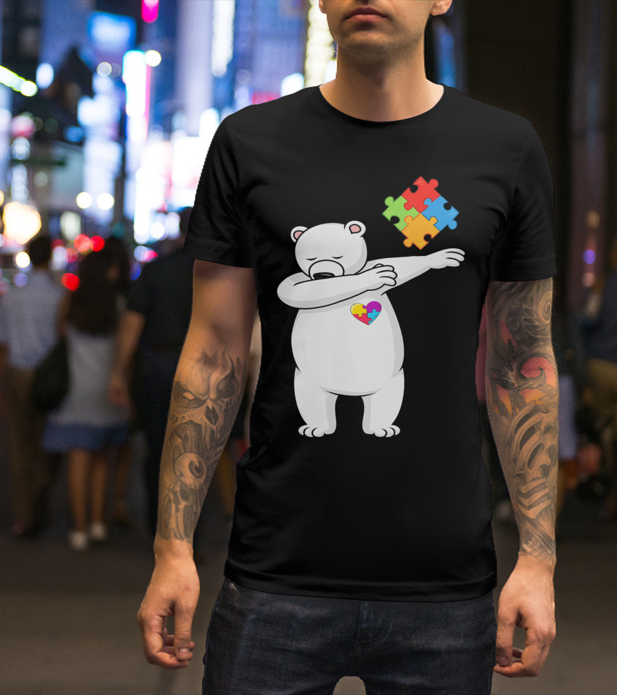 Dabbing Polar Bear Puzzle Piece Heart Autism Awareness T-Shirt