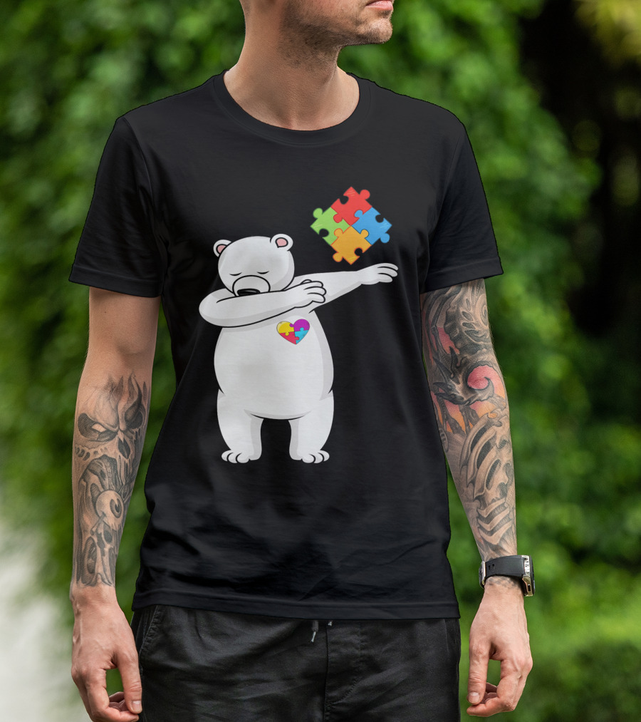 Dabbing Polar Bear Puzzle Piece Heart Autism Awareness T-Shirt