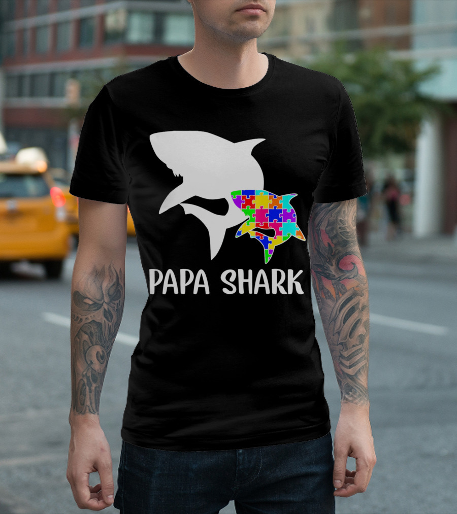 Papa Shark Autism Awareness Puzzle Shark T-Shirt