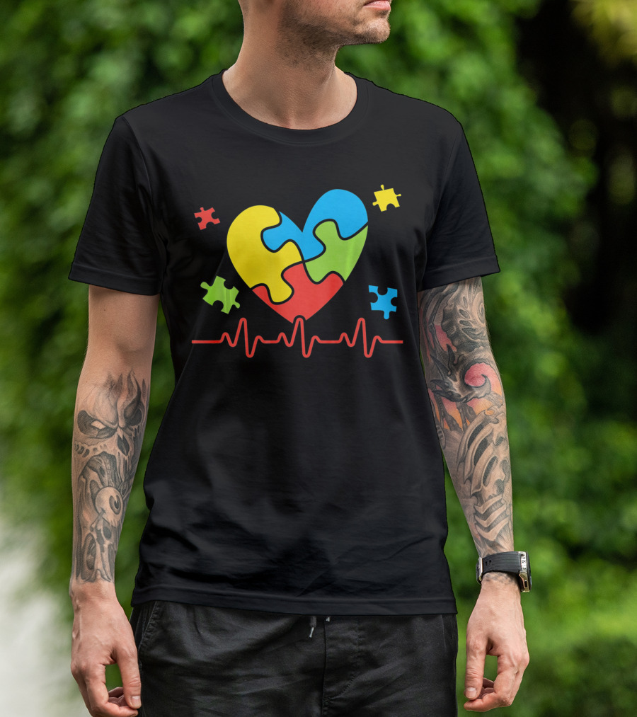 Autism Awareness Heart Puzzle Piece With Heartbeat Line T-Shirt
