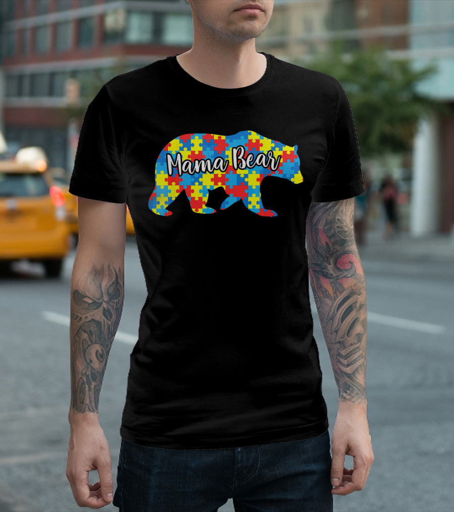 Mama Bear Autism Awareness Puzzle Pattern Love Support T-Shirt