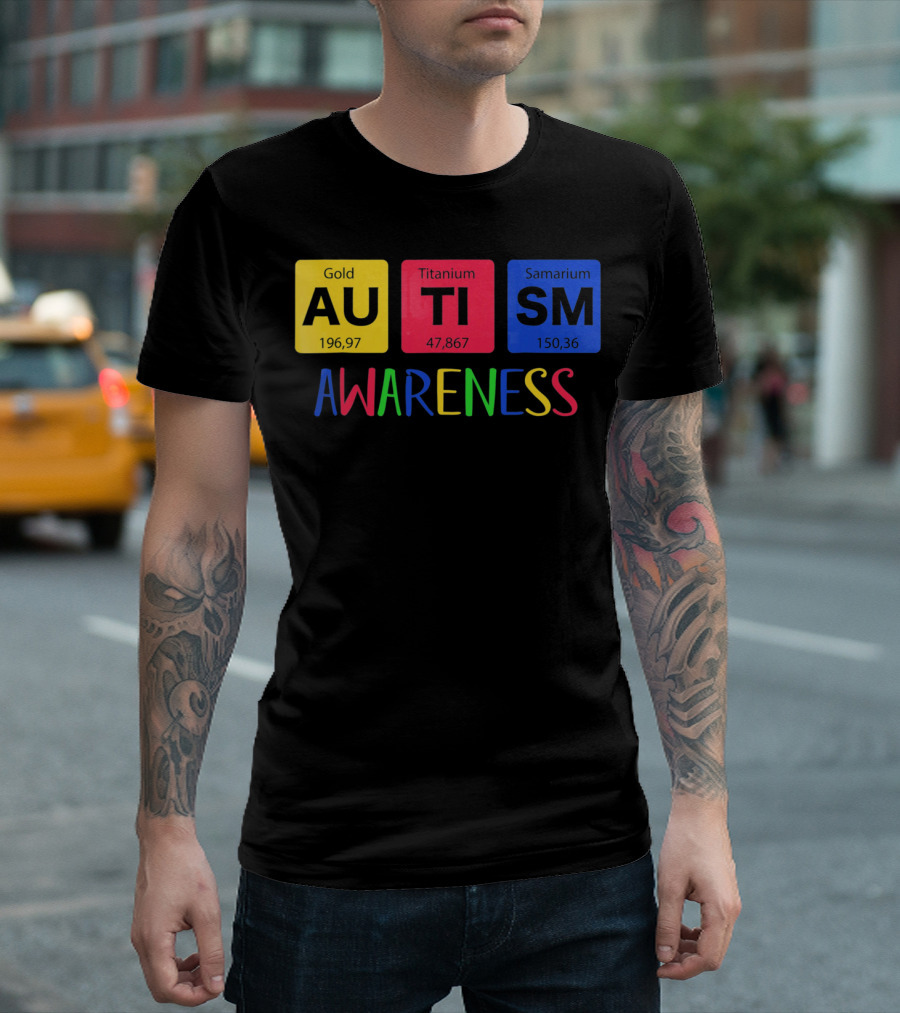 Autism Awareness Gold Titanium Samarium Periodic Elements T-Shirt