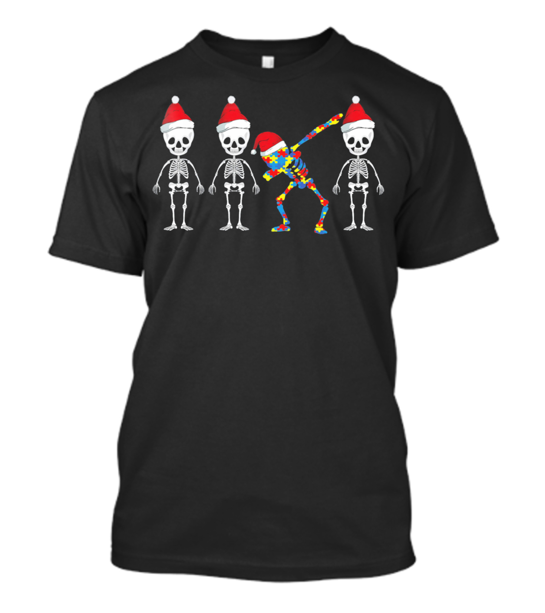 Autism Awareness Puzzle Skeleton Dabbing Santa Hat Trio T-Shirt