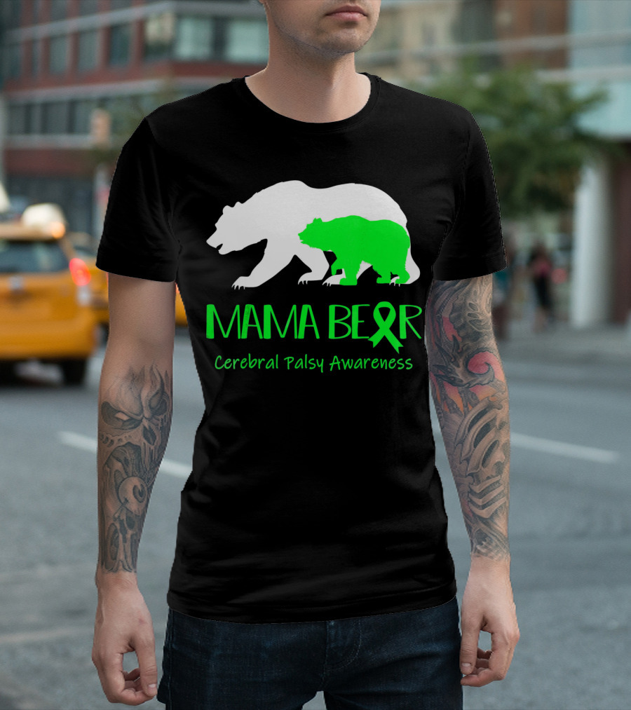 Mama Bear Cerebral Palsy Awareness Green Ribbon Bears T-Shirt