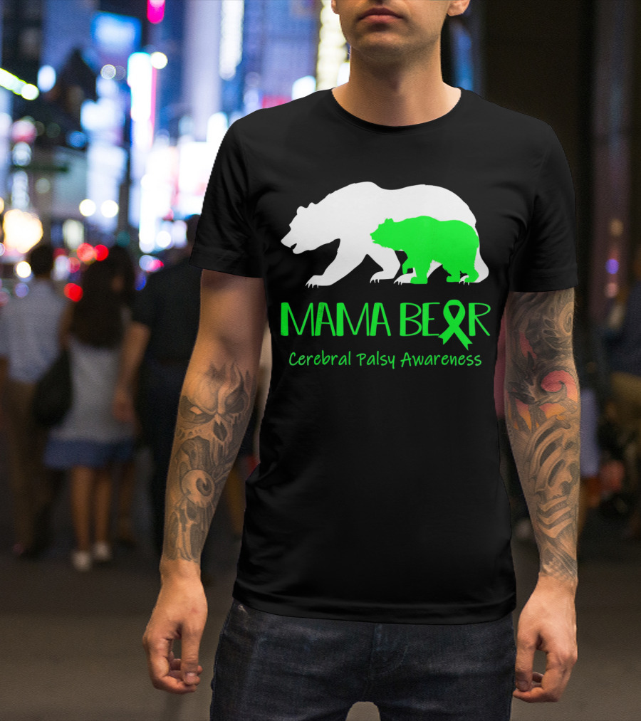 Mama Bear Cerebral Palsy Awareness Green Ribbon Bears T-Shirt