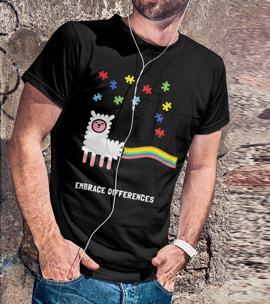 Embrace Differences Autism Awareness Llama Rainbow Puzzle Pieces T-Shirt