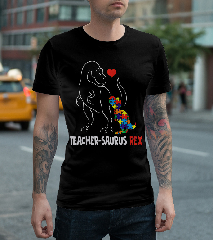 Teacher Saurus Rex Dinosaur with Heart and Colorful Puzzle T-Shirt