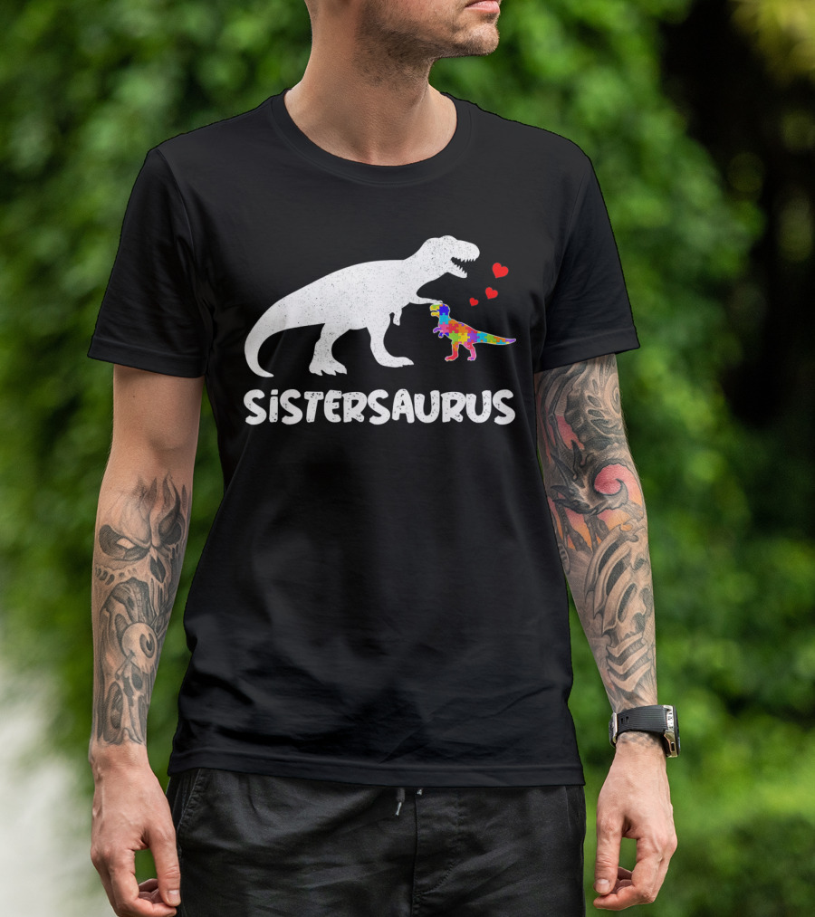 Sistersaurus Dinosaur Rainbow Puzzle Hearts T-Shirt