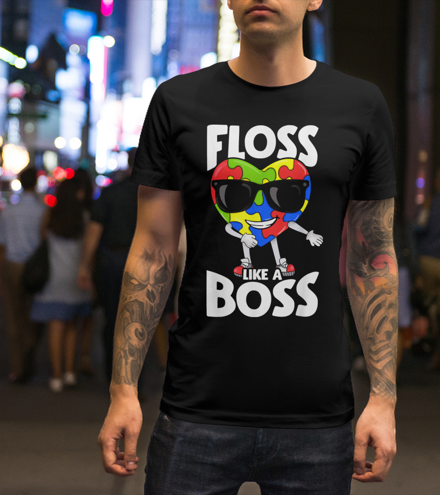 Floss Like A Boss Heart With Puzzle Autism T-Shirt