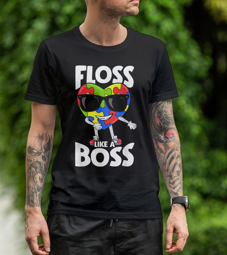 Floss Like A Boss Heart With Puzzle Autism T-Shirt