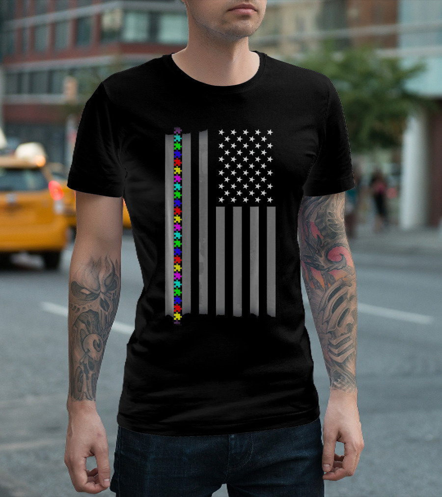 Autism Awareness Puzzles American Flag T-Shirt