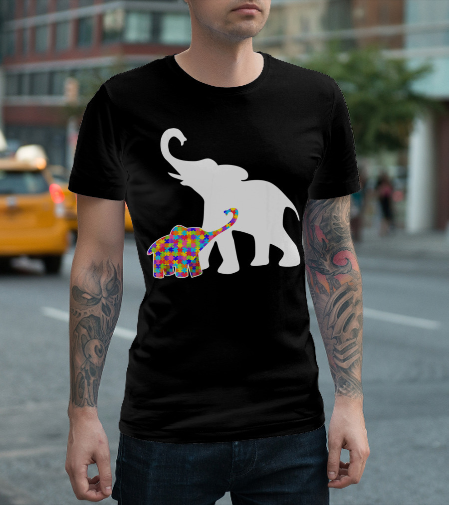 Elephant Autism Awareness Puzzle Pattern Support T-Shirt