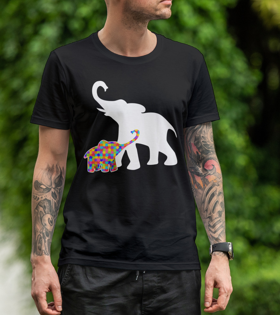 Elephant Autism Awareness Puzzle Pattern Support T-Shirt