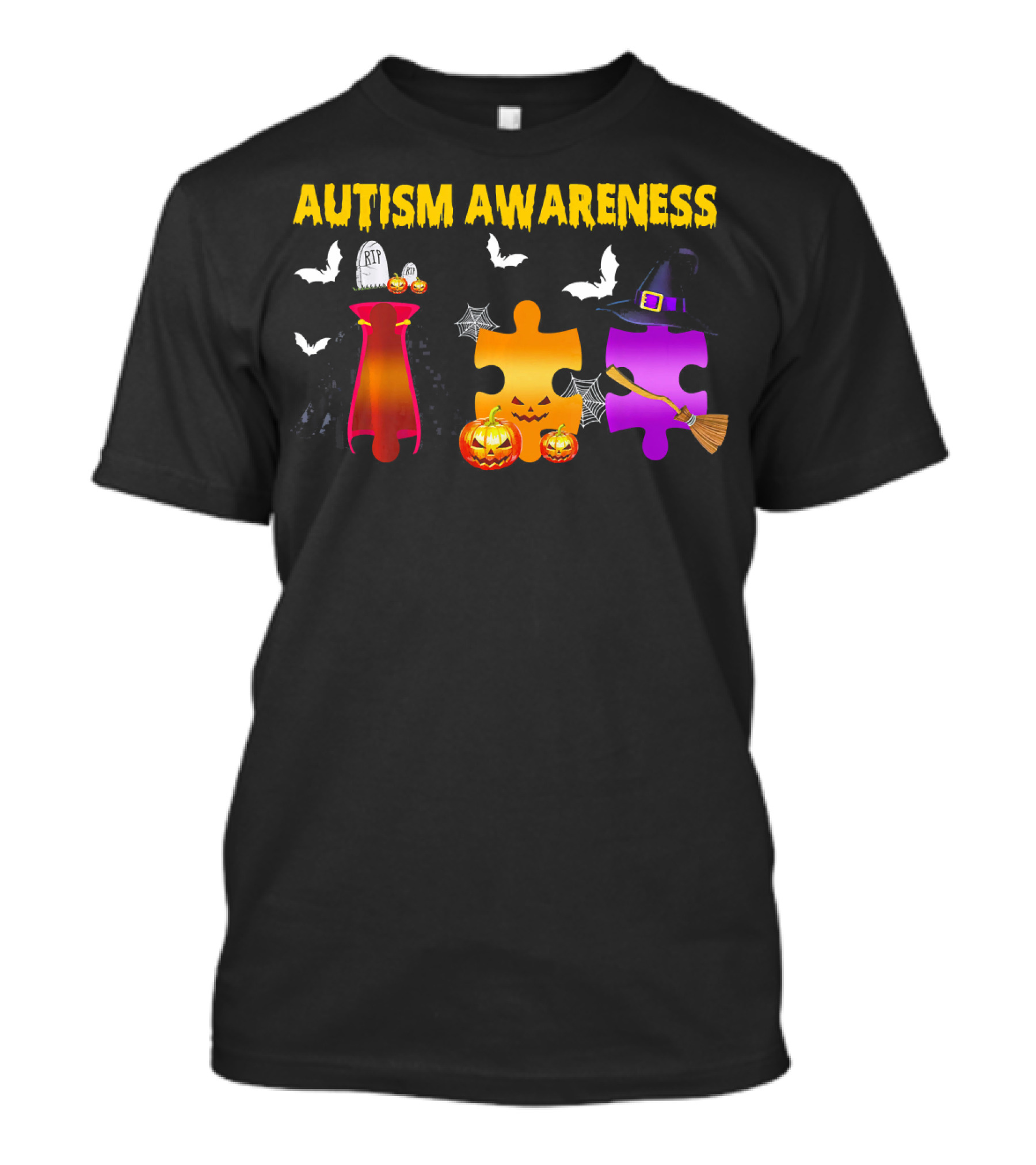 Autism Awareness Halloween Puzzle Pieces With Witch Hat Bats And Pumpkins T-Shirt