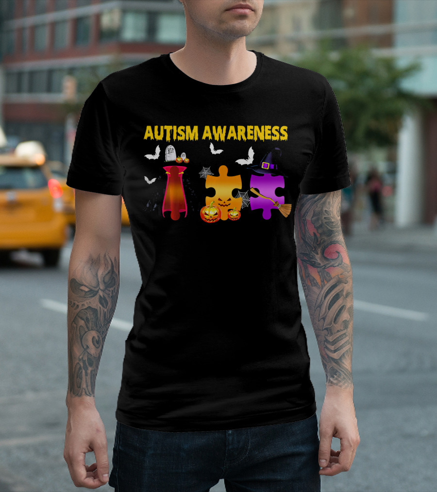 Autism Awareness Halloween Puzzle Pieces with Witch Hat Bats and Pumpkins T-Shirt