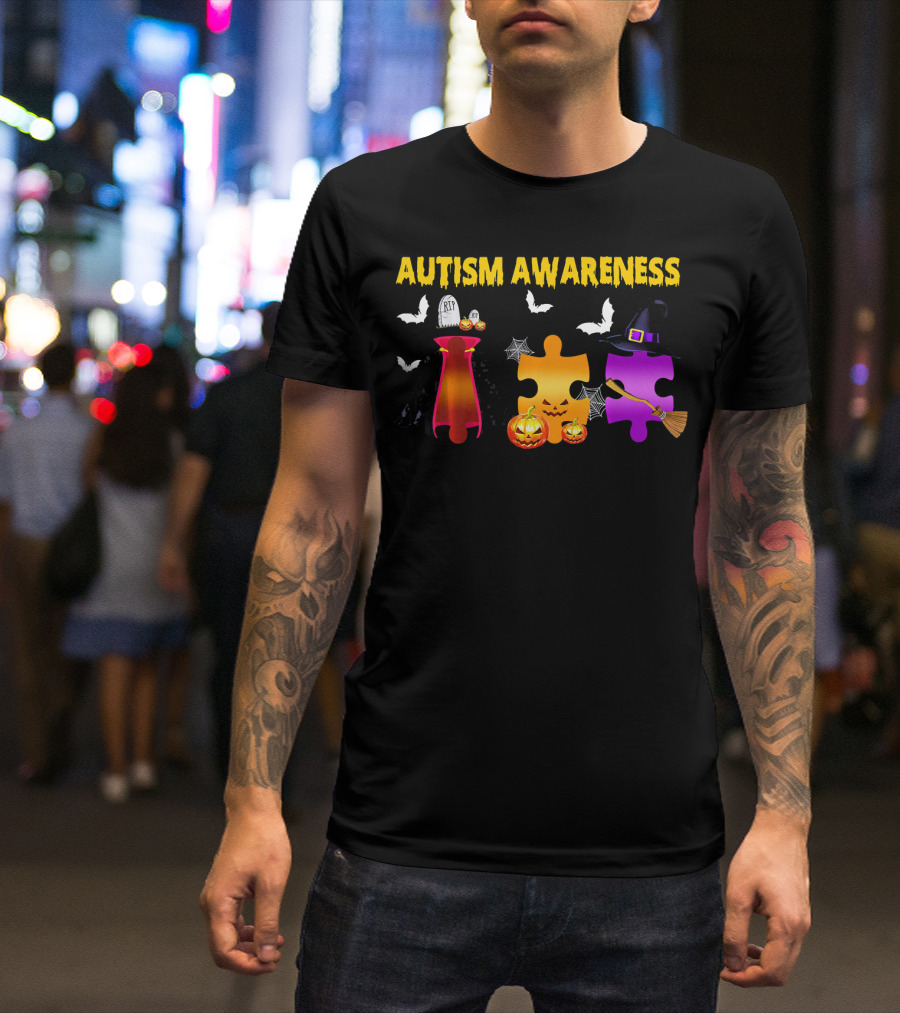 Autism Awareness Halloween Puzzle Pieces With Witch Hat Bats And Pumpkins T-Shirt