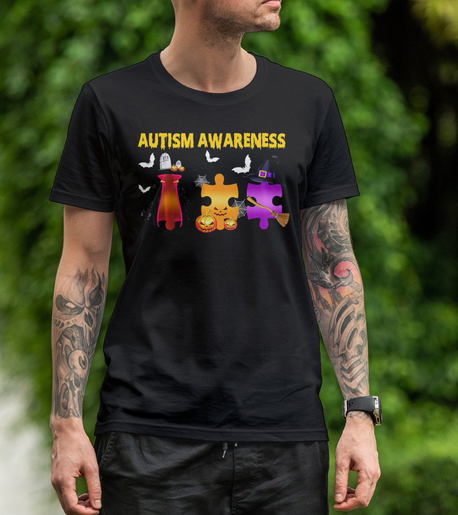 Autism Awareness Halloween Puzzle Pieces With Witch Hat Bats And Pumpkins T-Shirt