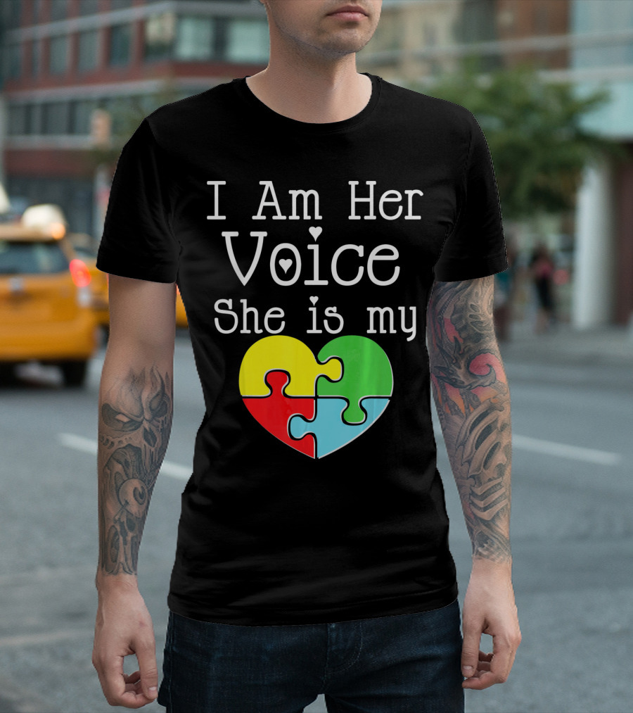 I Am Her Voice She Is My Heart Autism Puzzle Heart T-Shirt