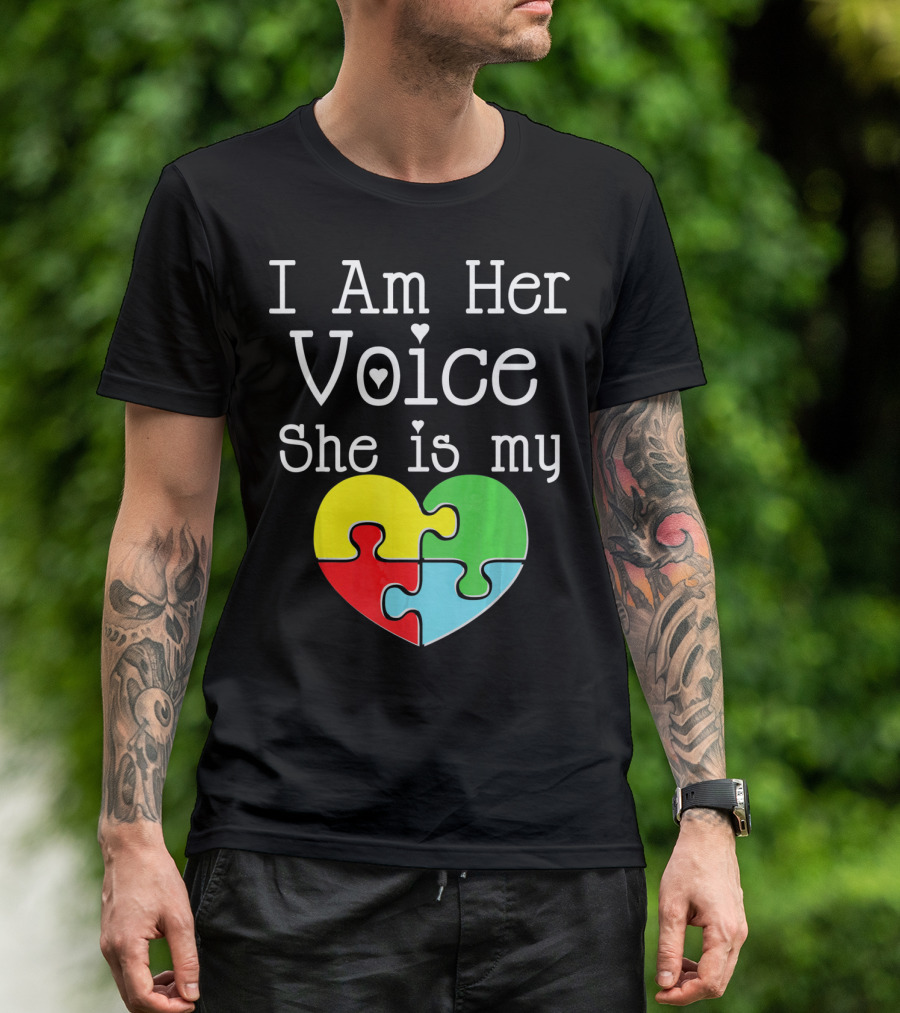 I Am Her Voice She Is My Heart Autism Puzzle Heart T-Shirt