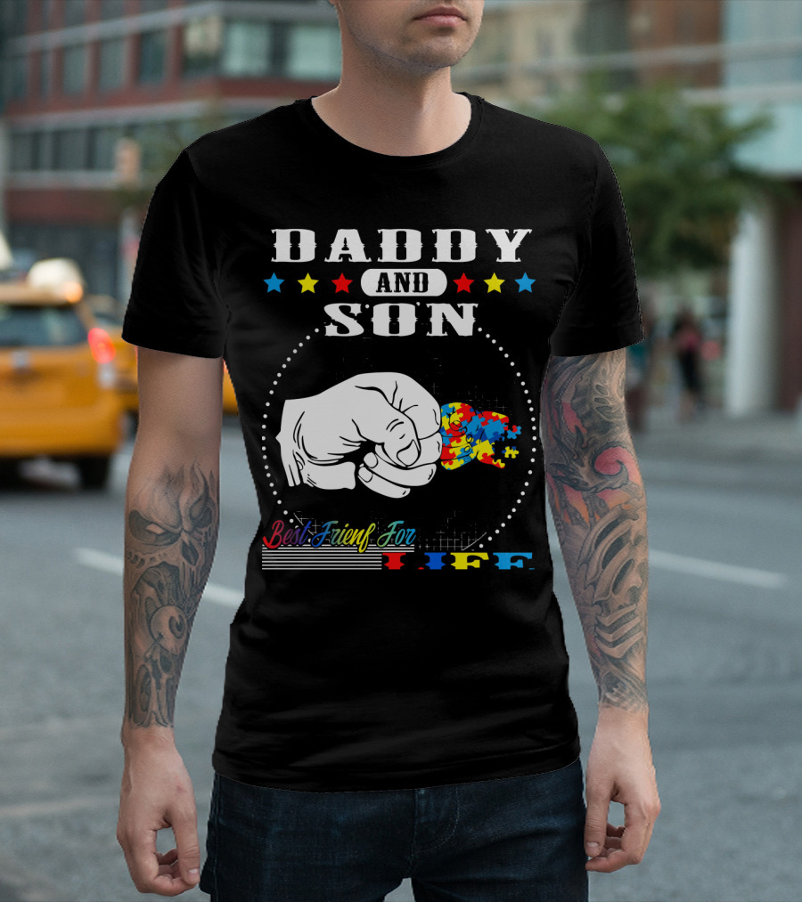 Daddy And Son Best Friends For Life Autism Awareness Puzzle Fist Bump T-Shirt