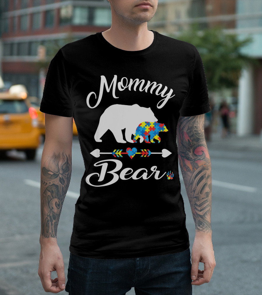 Mommy Bear Autism Awareness Puzzle Pattern Heart T-Shirt