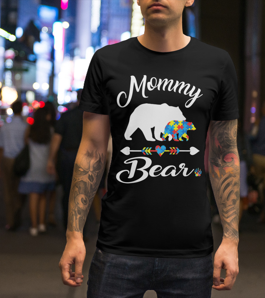 Mommy Bear Autism Awareness Puzzle Pattern Heart T-Shirt