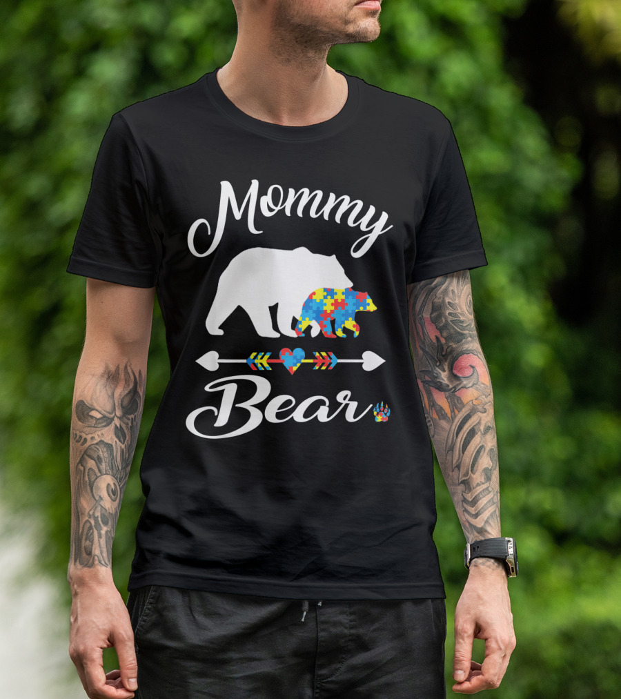 Mommy Bear Autism Awareness Puzzle Pattern Heart T-Shirt