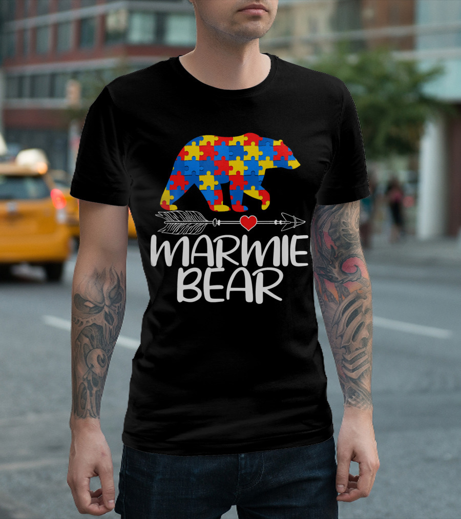 Marmie Bear Autism Awareness Puzzle Heart Arrow T-Shirt