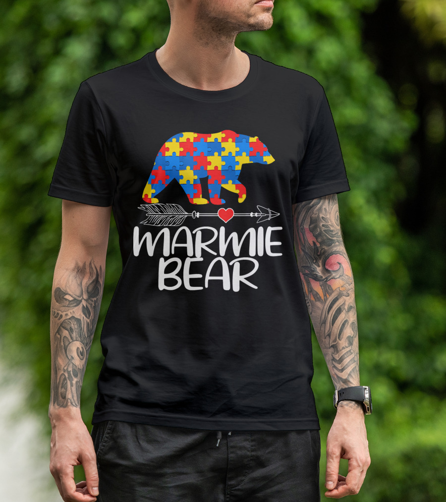Marmie Bear Autism Awareness Puzzle Heart Arrow T-Shirt