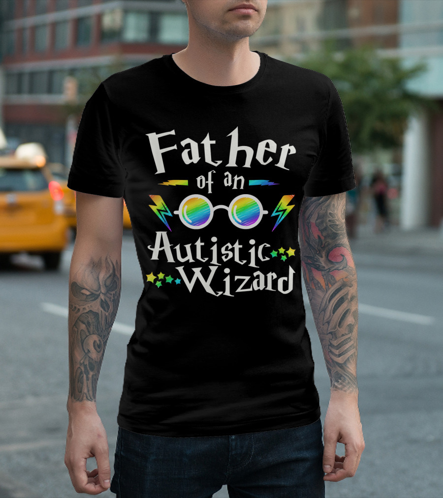 Father of an Autistic Wizard Colorful Glasses and Lightning Bolts T-Shirt