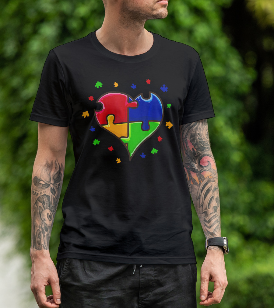 Autism Awareness Month Love Heart Puzzle Pieces T-Shirt