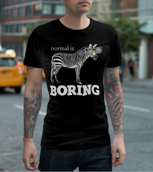 Normal Is Boring Zebra With Puzzle Piece Sunglasses Autism Awareness T-Shirt