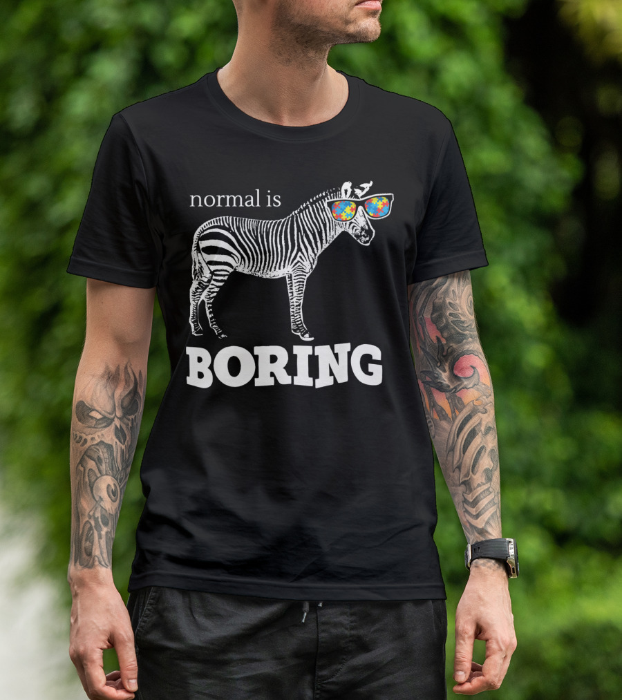 Normal Is Boring Zebra With Puzzle Piece Sunglasses Autism Awareness T-Shirt